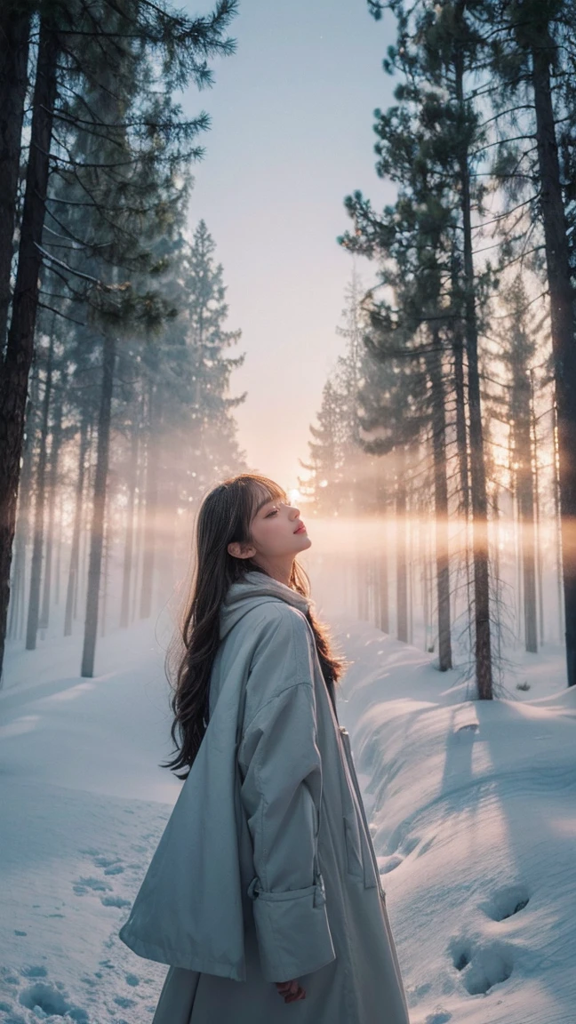 Realistic photos, ソニーA7IVで20mm GマスターレンズをF1の広い絞りに設定して撮Shadowしたシーン.5 Unforgettable beauty unfolds, superior 400, Professional Lighting, Bokeh, Depth of written boundary, Shadow, Bright light, granular, Very detailed, Bright high contrast light, sunset, Stunning Magical Night Colours, Thick Fog, Foggy, Dummy Color, White Forest Girl, snow, Peaceful and eerie, girl facing forward, Everything quickly fades into a white background, The atmosphere is quiet, calm and peaceful, deeply、Evoke emotions,Facing forward,Eyes open