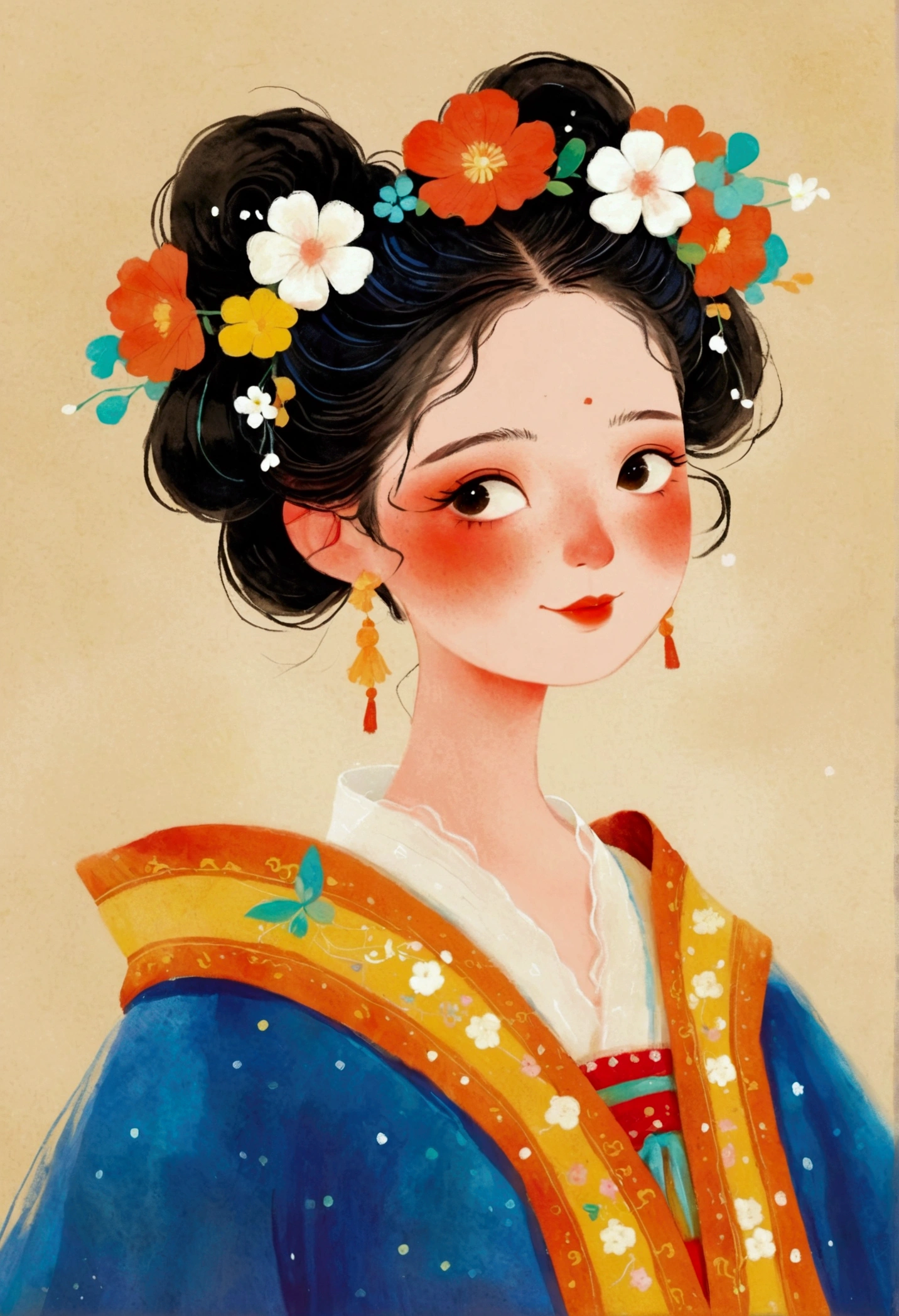 Oil painting of a woman with flowers in her hair, Qu Leilei's Numbers, cg Social Hotspot, The art of math, palace , Girl wearing Hanfu, Ancient Chinese Art Style, ancient Chinese Princess, Chinese watercolor style, Chinese Princess, Lovely detailed The art of math, 🍁 Lovely, Hand drawn cartoon art style, Lovely art style, Asian Dynasty Princess