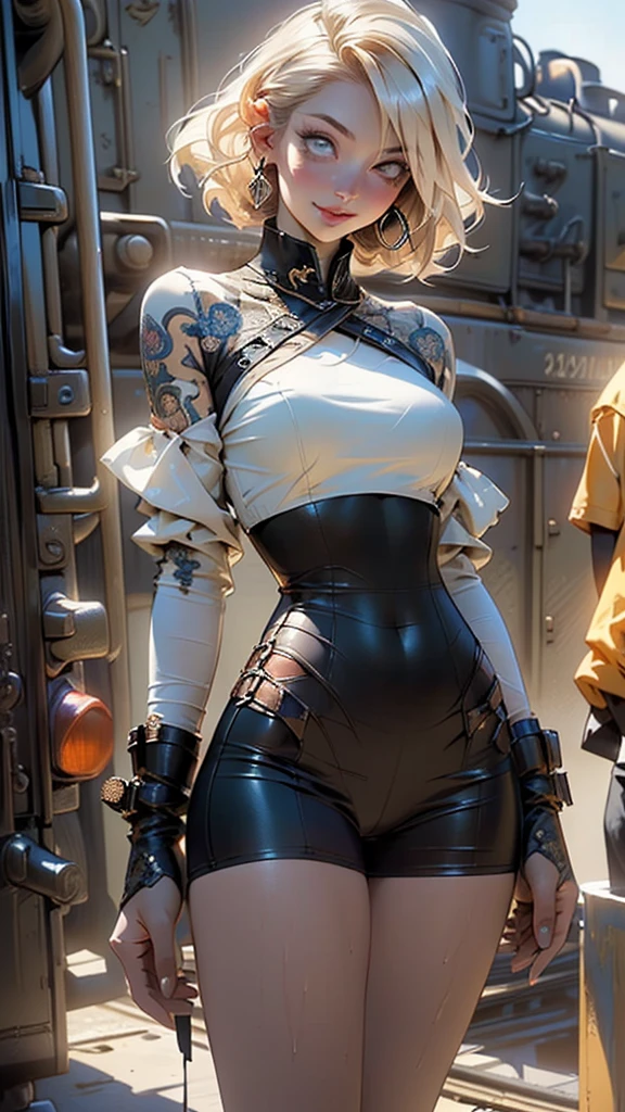 steampunk girl,(((1girl))),((girl with extremely cute and beautiful blonde hair)),

(large breasts:1.4),saggy breasts,(((blond hair:1.35,straight hair,short hair:1.4,colored inner hair,ear breathing))),(((eyes_blue:1.3))),intricate eyes,beautiful detailed eyes,symmetrical eyes,((fat)),((((pale skin,lustrous skin:1.5,bright skin: 1.5,shiny skin,very shiny skin,shiny body,plastic glitter skin,exaggerated shiny skin,shiny skin like ebony,illuminated skin,wet legs))),(spider lower abdomen,narrow waist,wide hip,athletic body,inflated legs, thick thighs,detailed body,(detailed face)),

cute,slutty,seductive,erotic,(nsfw),

(steampunk woman body defined thick thighs), (steampunk top hats), (short underwear),(wearing a steampunk outfit:1.3,steampunk clothes),((wet clothes,intricate outfit,intricate clothes)),

(dynamic pose:1.0),solo focus,((evil smile,evil look)),(centered,scale to fit dimensions,Rule of thirds),

victorian age railway station in background, ((steam locomotive in background:1.3)), victorian age, steampunk style,scenery:1.25,((intricate scenery)),((steampunk decorations)),

(Glossy steampunk ornaments),highres,sharp focus,(ultra detailed,extremely detailed),(photorealistic artwork:1.37),(extremely detailed CG unity 8k wallpaper),(((vibrant colors,vibrant theme))),(intricate),(masterpiece),(best quality),artistic photography,(photography taken by sldr),(intricate background),perfect rendered face,perfect face details,realistic face,photo realistic,((intricate detail)),(((realism))),