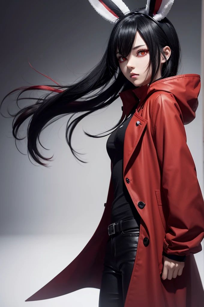 A 2D anime character with black hair with a red spot, yellow bunny eyes, a red coat