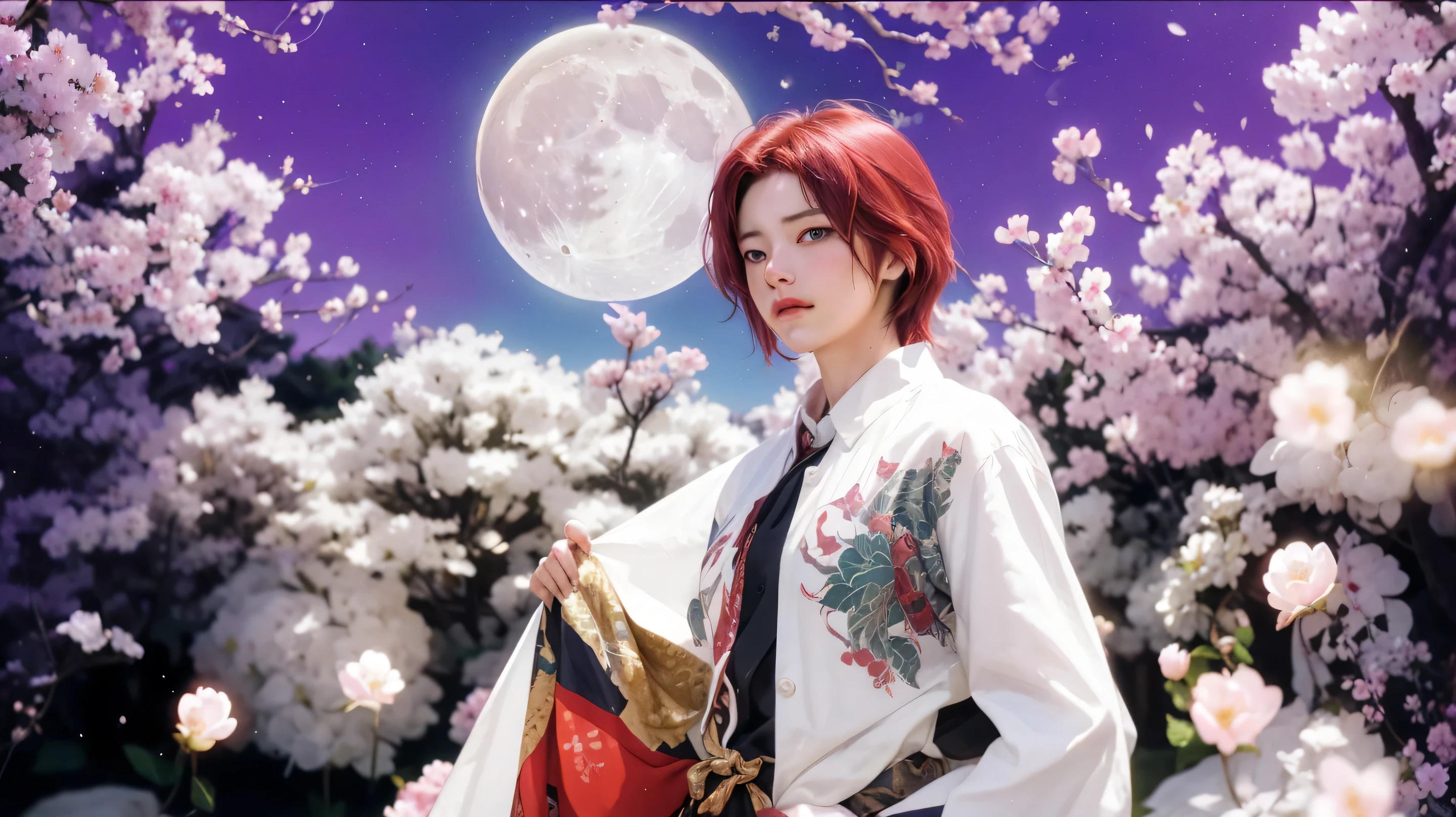 ((TAKASUGI SHINKAKU_FATE GRAND ORDER)),((realistic, photorealistic)),(highlight hair)), Light reflection, (( HD )),((upper body)), (((best quality, masterpiece))), (masterpiece) (best quality) (detail) (8k) (HDR) (wallpaper) (cinematic lighting) (sharp focuasterpiece, best quality: 1.1), Real life adaption of this character, Shining green eyes, realistic outfit, realistic shadow, realistic light, realism, hyper realistic, realistic background,Realistic hair, realistic hair at the back,(photorealistic:1.2),(masterpiece:1.2, best quality), (ultra-detailed), (illustration), (ultra highres), (delicate illustration), (hyper-detailed), (super detail:1.3), professional lighting, cinematic lighting, (nostalgia and peacefulness:1.3), professional (landscape painting) of natures, moon lighting, moon light on trees leaves, (dark cloud, dark night, full moon, dark lighting)Cherry trees, cherry blossoms at night,Red hair, 1man,