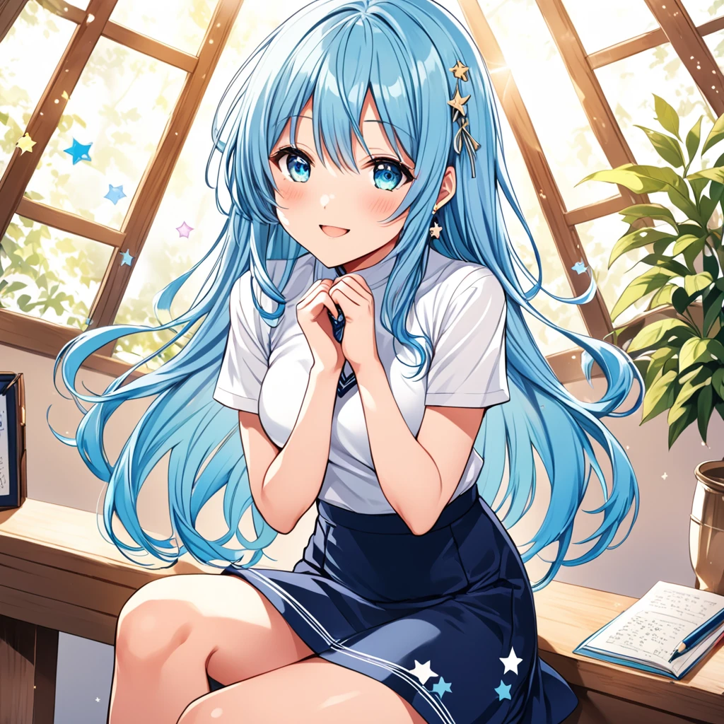 Aoi Nakamura is an extremely cute and charming young journalist, perfect as a mascot for Anime Lover Brazil. Your light blue hair, Long and slightly wavy, falls gracefully from the shoulders, giving it an elegant and captivating look. Her big clear eyes are always shining with curiosity and enthusiasm, reflecting your passion for discovering new stories and adventures.
Aoi's fair and smooth skin highlights her semi-human nature, while the adorable wolf ears, covered in soft blue fur, positioned on top of the head, add a distinctive and charming touch to your appearance. Complementing its wolfish characteristics, a blue wolf tail sways happily behind her, expressing your emotions clearly.
Dressed in a white turtleneck micro t-shirt, adjusted to the body, and a low-waisted pencil skirt decorated with small star designs, Aoi displays a cute, age-appropriate style. Its slender and exposed waist adds an innocent charm, while small earrings in the shape of hearts or stars complete her enchanting look.
In his characteristic pose, Aoi is sitting with her arms crossed, exuding a combination of confidence and tenderness. With a radiant smile and a sparkle in your eyes, She forms a heart with her hands, showing your love and dedication to your work and your friends. This pose not only highlights her cuteness, but also his friendly and energetic personality, captivating everyone around you.