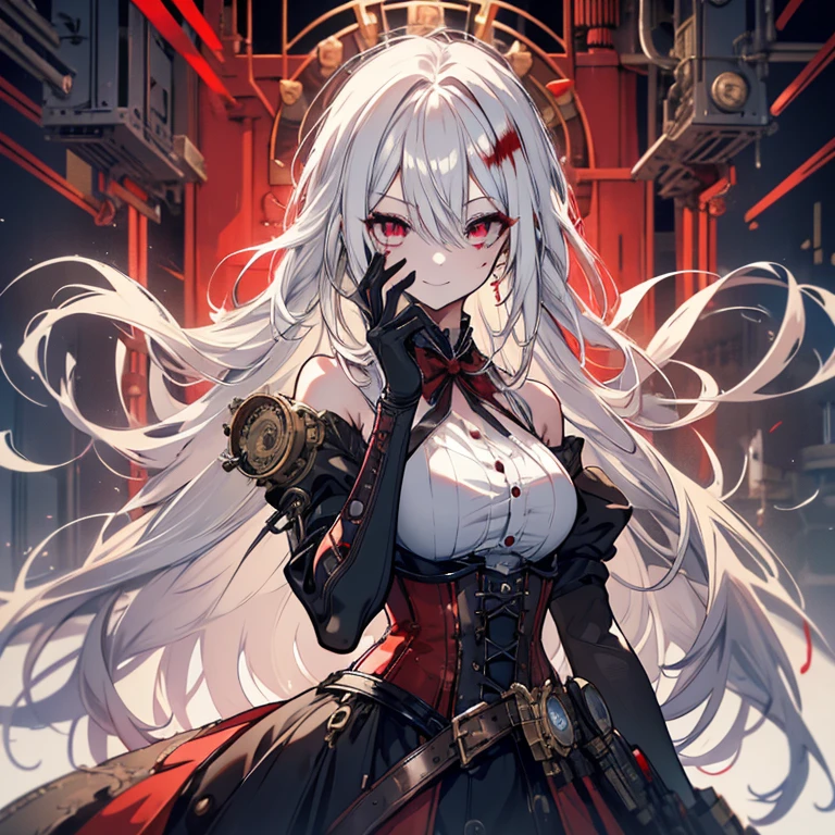 1 girl、Mature、Ample breasts、Long Hair、White Hair、Long Hair、Red Eyes、steampunk outfit、dress、黒いdress、Shoulder Bare、A seductive smile、corset、basement、Steampunk city、Chemical plant、mad scientist、cyborg、Prosthetic arm、Eye patch、Blood splatter、High resolution、Highest quality