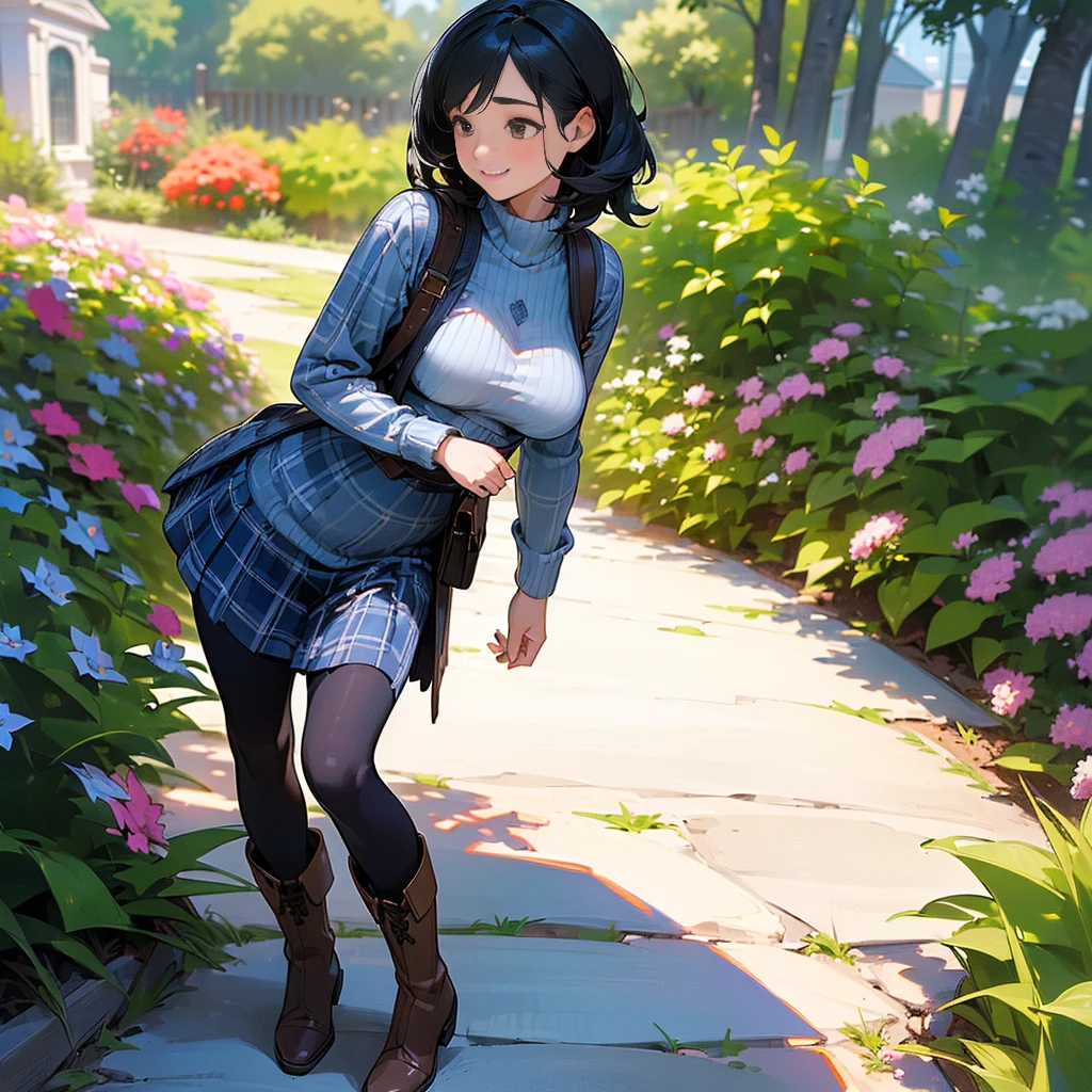 (high quality, High resolution, Super detailed, Realistic:1.37), Peaceful atmosphere, (Outdoor, garden), girl standing alone, (my breasts are big.), Beautifully detailed features, Cute Smile, (Black bob hair), Ribbed sweater, Blue plaid skirt, black tights, Brown boots.