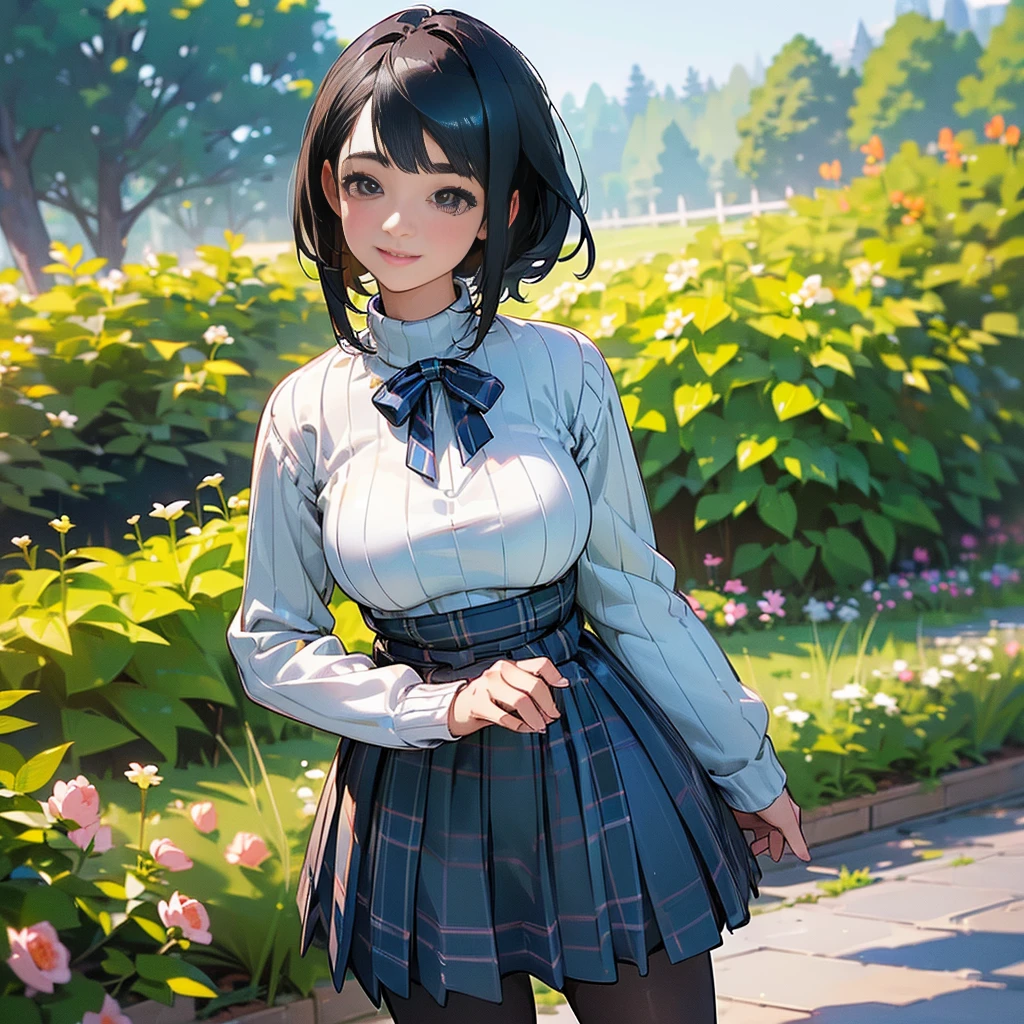 (high quality, High resolution, Super detailed, Realistic:1.37), Peaceful atmosphere, (Outdoor, garden), Teenage girl standing alone, (my breasts are big.), Beautifully detailed features, Cute Smile, (Black bob hair), Ribbed sweater, Blue plaid skirt, black tights, Brown boots.