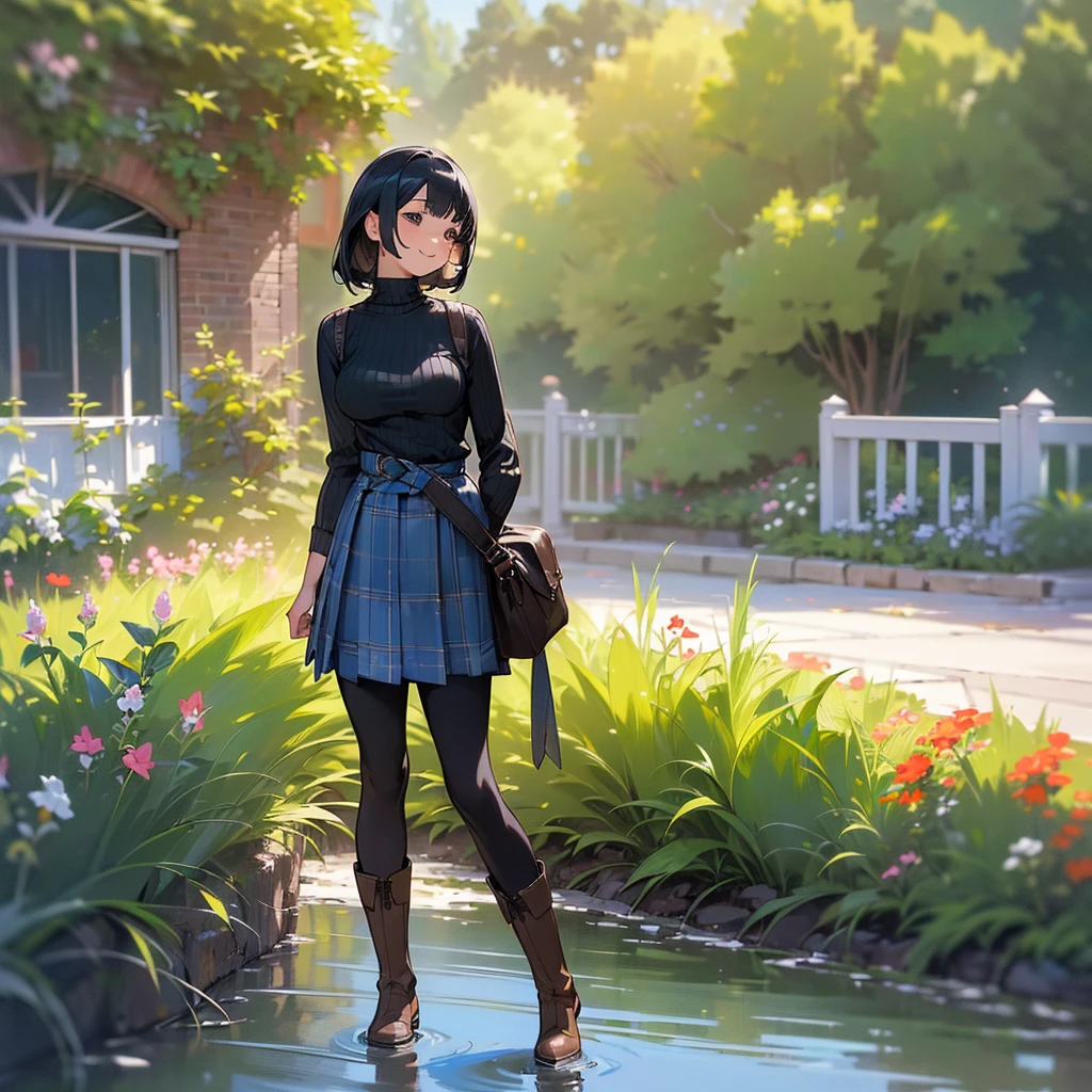 (high quality, High resolution, Super detailed, Realistic:1.37), Peaceful atmosphere, (Outdoor, garden), Teenage girl standing alone, (my breasts are big.), Beautifully detailed features, Cute Smile, (Black bob hair), Ribbed sweater, Blue plaid skirt, black tights, Brown boots.