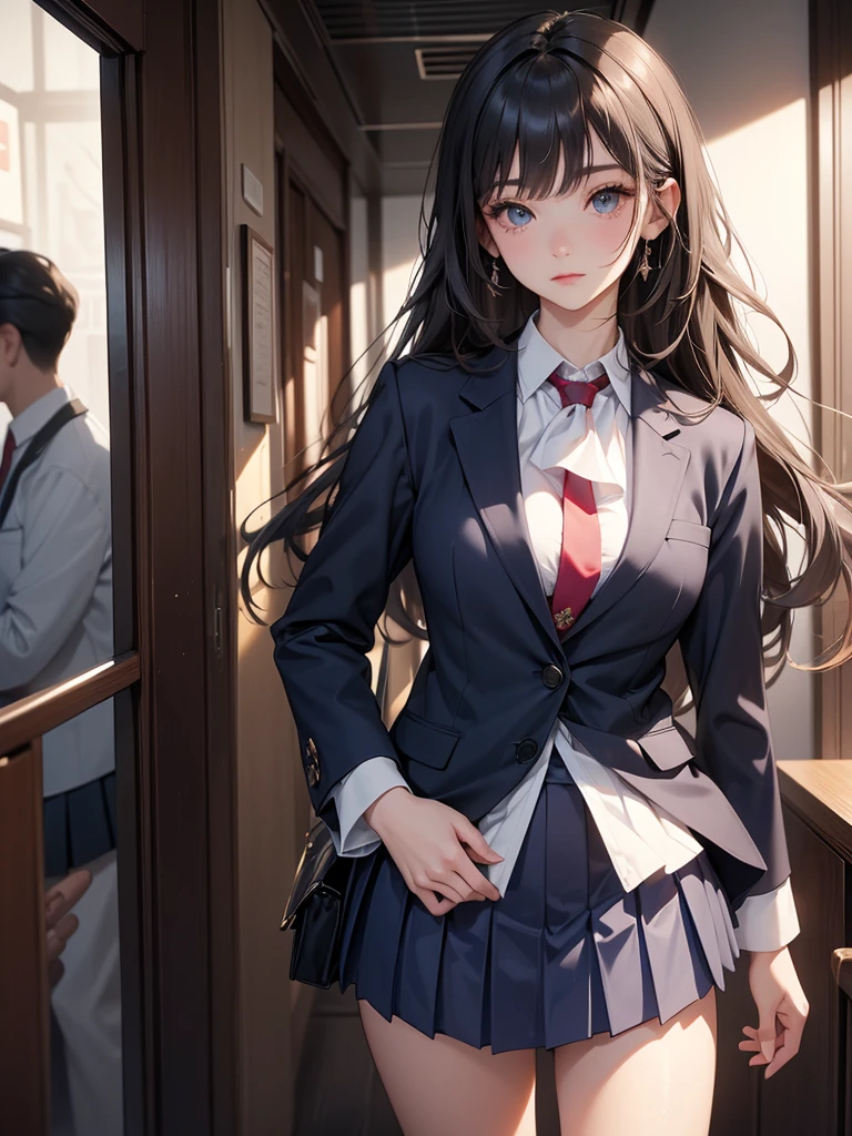 8k, of the highest quality, the real image, intricate details, Very detailed, ultra high resolution, depth field,(realist,realist:1.2),mesa , front shot , From the center , 1 girl, look like_Chan, very beautiful 17 year old girl, 無邪気な大きなlook like,、beautiful breasts:1.5、Very detailedなlook like:1.2)、(beautiful breasts:1.1)、wavy fur、Curly hair、hits、, Perfect skin, White skin, neckline, tight waist, slightly reddish, alone、 (Looking at the audience)、a slight smile、((school_uniform),(dark blue blazer), (White shirt、Wear a tie), (gray pleated skirt), (sculpture installation :1.1))、High school Hallway