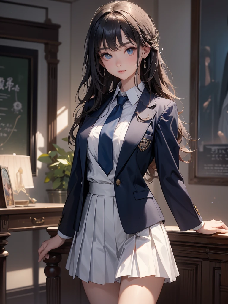 8k, of the highest quality, the real image, intricate details, Very detailed, ultra high resolution, depth field,(realist,realist:1.2),mesa , front shot , From the center , 1 girl, look like_Chan, very beautiful  girl, 無邪気な大きなlook like,、beautiful breasts:1.5、Very detailedなlook like:1.2)、(beautiful breasts:1.1)、wavy fur、Curly hair、hits、, Perfect skin, White skin, neckline, tight waist, slightly reddish, alone、 (Looking at the audience)、a slight smile、((school_uniform),(dark blue blazer), (White shirt、Wear a tie), (gray pleated skirt), (sculpture installation :1.1))、High school Hallway
