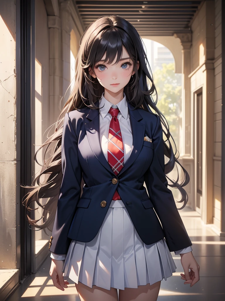8k, of the highest quality, the real image, intricate details, Very detailed, ultra high resolution, depth field,(realist,realist:1.2),mesa , front shot , From the center , 1 girl, look like_Chan, very beautiful 17 year old girl, 無邪気な大きなlook like,、beautiful breasts:1.5、Very detailedなlook like:1.2)、(beautiful breasts:1.1)、wavy fur、Curly hair、hits、, Perfect skin, White skin, neckline, tight waist, slightly reddish, alone、 (Looking at the audience)、a slight smile、((school_uniform),(dark blue blazer), (White shirt、Wear a tie), (gray pleated skirt), (sculpture installation :1.1))、High school Hallway