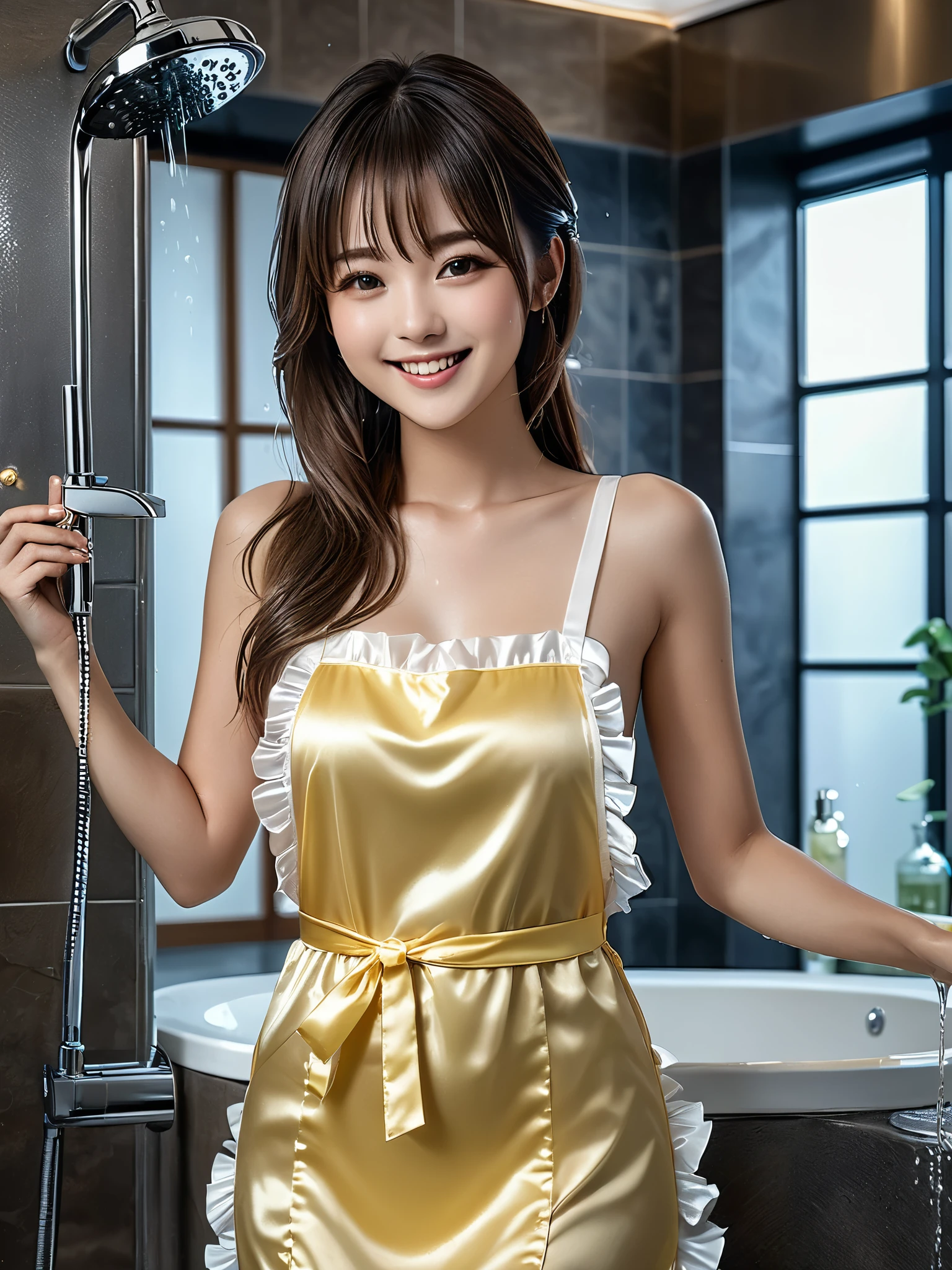 product quality, 1girl, full body shot, front view, a Japanese young pretty girl, shoulder length hair, wearing only a silky satin light yellow apron with white frills over her naked body with a big smile, taking a shower in a luxury shower room, glamorous figure, wet hair, wet body, busty, hyper cute face, glossy lips, double eyelids in both eyes, natural makeup, long eyelashes, shiny smooth light brown hair, asymmetrical bangs, fair skin, central image, high resolution, high detail, detailed hairstyle, detailed face, cinematic lighting, octane rendering, vibrant, hyper realistic, perfect limbs, perfect anatomy