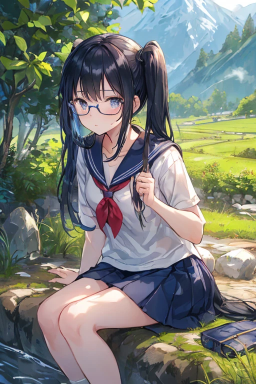a beautiful girl in a sailor uniform, long black hair in pigtails, wearing glasses, sweating in a rural Japanese countryside setting on a summer day, highly detailed, anatomically correct, illustration, anime style, sparkling effects, medium blue sailor uniform, navy blue sailor uniform ribbon, knee-length skirt, cinematic lighting, vibrant colors, detailed facial features, delicate skin, elegant posture, serene expression, lush greenery, scenic mountain backdrop, sun rays, soft bokeh