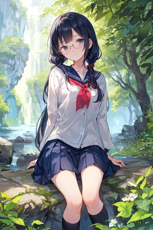 a beautiful girl in a sailor uniform, long black hair in pigtails, wearing glasses, sweating in a rural Japanese countryside setting on a summer day, highly detailed, anatomically correct, illustration, anime style, sparkling effects, medium blue sailor uniform, navy blue sailor uniform ribbon, knee-length skirt, cinematic lighting, vibrant colors, detailed facial features, delicate skin, elegant posture, serene expression, lush greenery, scenic mountain backdrop, sun rays, soft bokeh