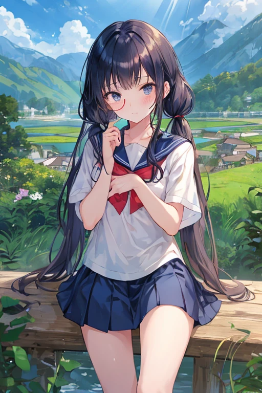 a beautiful girl in a sailor uniform, long black hair in pigtails, wearing glasses, sweating in a rural Japanese countryside setting on a summer day, highly detailed, anatomically correct, illustration, anime style, sparkling effects, medium blue sailor uniform, navy blue sailor uniform ribbon, knee-length skirt, cinematic lighting, vibrant colors, detailed facial features, delicate skin, elegant posture, serene expression, lush greenery, scenic mountain backdrop, sun rays, soft bokeh