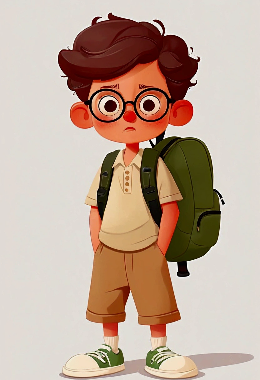 
cartoon boy with glasses and a backpack standing in front of a white background, cute cartoon character, cute cartoon style, simple cartoon style, cute character, cartoonish vector style, cartoon style illustration, high quality character design, minimalist cartoon style, cartoonish cute, in cartoon style, cute boy, cartoon art style, kid, boy with neutral face, cartoon portrait, cute cartoon