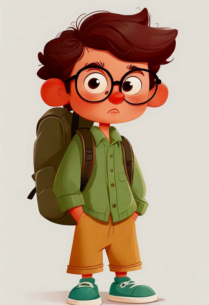 
cartoon boy with glasses and a backpack standing in front of a white background, cute cartoon character, cute cartoon style, simple cartoon style, cute character, cartoonish vector style, cartoon style illustration, high quality character design, minimalist cartoon style, cartoonish cute, in cartoon style, cute boy, cartoon art style, kid, boy with neutral face, cartoon portrait, cute cartoon