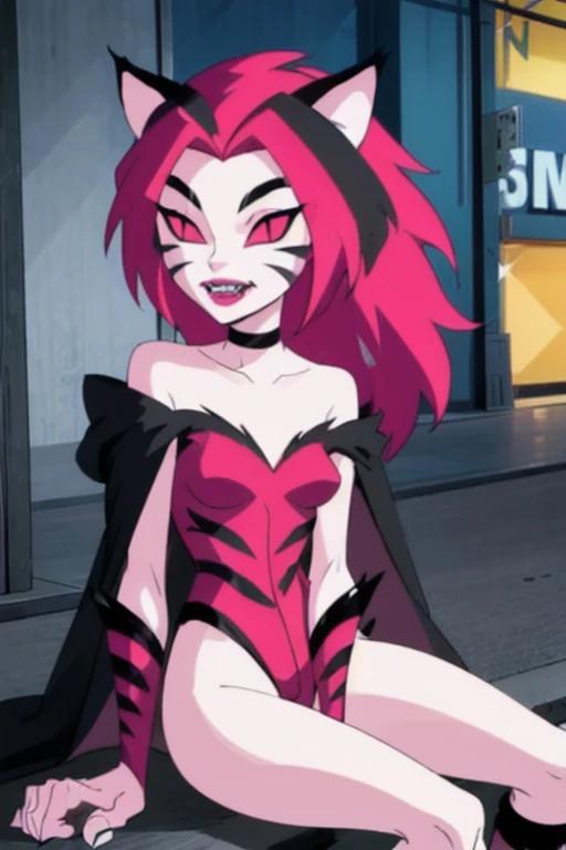 NyaNya, 1girl, solo, pink eyes, pink hair, pink skin, long hair, cat ears, pink sclera, cat tail, claws, slit pupils, pink lips, whisker markings, pink bodysuit, fangs, bare shoulders, choker, cape, hooded cloak, bodysuit, sitting