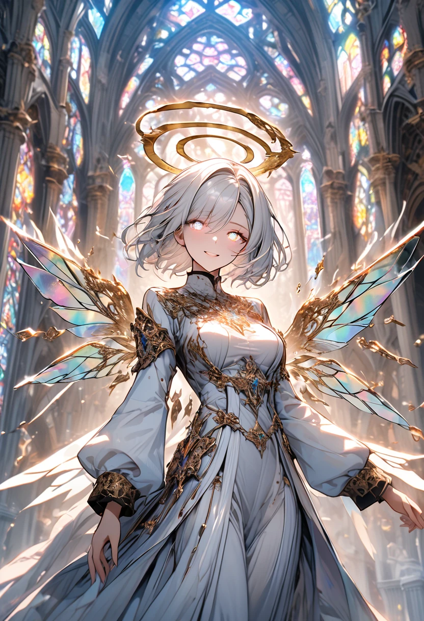 solo, female, cowboy shot, short hair, wind-swept hair, iridescent eyes, church, stained glass, huge wings, iridescent wings, modest breasts, angel, iridescent hair, wide smile, day, magic, gold, jewelry, holy aura, silver hair, floating, silver eyes, glowing eyes:0.5, silver wings, glowing wings, glowing hair, gold halo, glowing halo, halo,