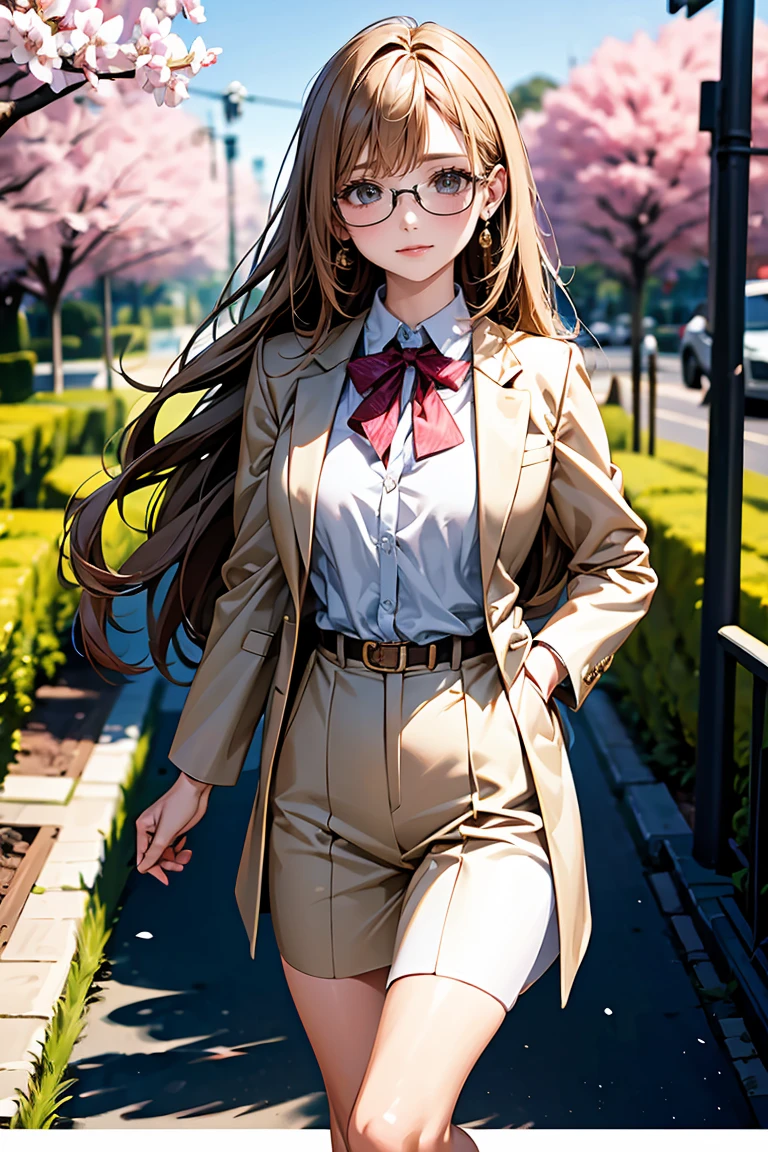((Highest quality)),(超High resolution),(非常にdetailed),(detailed Description),((The best CG)),(masterpiece),Ultra-detailed art、(Highest quality、8k、32K、masterpiece)、(Realistic)、(Realistic:1.2)、(High resolution)、非常にdetailed、とても美しいfaceとeye、1 female、((細いeye、垂れeye:1.4、fine grain))、Tight waist、Delicate body、(Highest quality、Attention to detail、Rich skin detail)、(Highest quality、8k、Oil paints:1.2)、非常にdetailed、(Realistic、Realistic:1.37)、 face: 大きなeye、Sharp jaw、Thin eyebrows、整ったface立ち 髪型: Straight long hair、The bangs are straight and fall on the forehead.: Brown or platinum blonde skin: Light skin tone、Smooth and healthy skin clothing: tops: A tight-fitting uniform jacket、Knee Length Accessories: Simple Earrings、Watches Shoes: Loafers or short boots Other features: Performance: 穏やかで優しい笑faceのポーズ: standing naturally、or、Background with hands lightly placed on hips: School corridor、or自然の風景(Under the cherry blossoms) detailed: eye: 大きくて輝くeye、 Hair swaying as if blown by the wind.、Give it a glossy look,Glasses,teacher