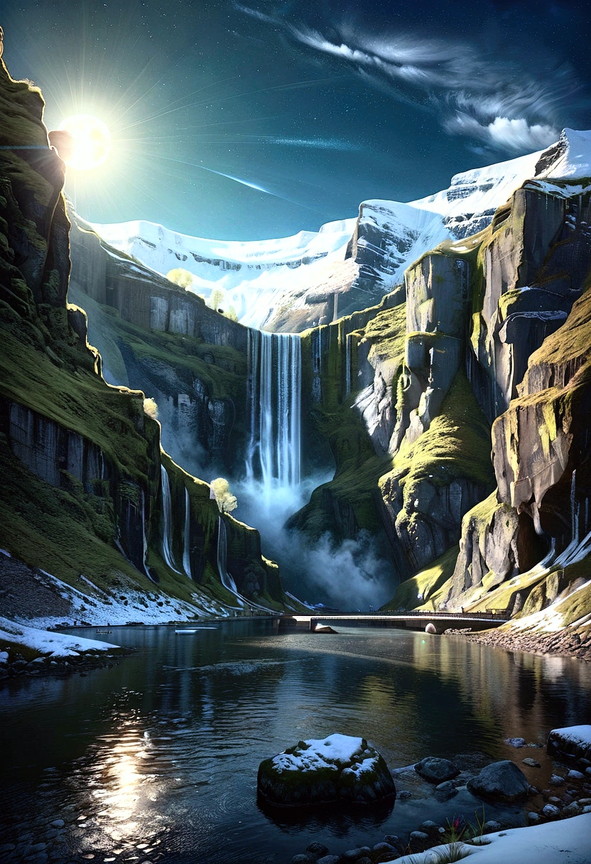 Giant waterfall_realistic fine details, EbonyGoldAI masterpiece, best quality, high quality, high resolution, (((beautiful detailed sky))), awesomeeur, country house, wonderful(magnificent, gorgeous), view(see), great view, high definition, ((best shadows)), realistic, nature, snow, landscape, clouds, snow capped mountains, rocks, hills, cliffs, trees, footpath, Iceland night sky_aurora, ((moonlight_highly detailed:1.3)), (surreal very fine details), ((very detailed and beautiful)), dynamic angle, river, best quality image quality, quiet, clear,