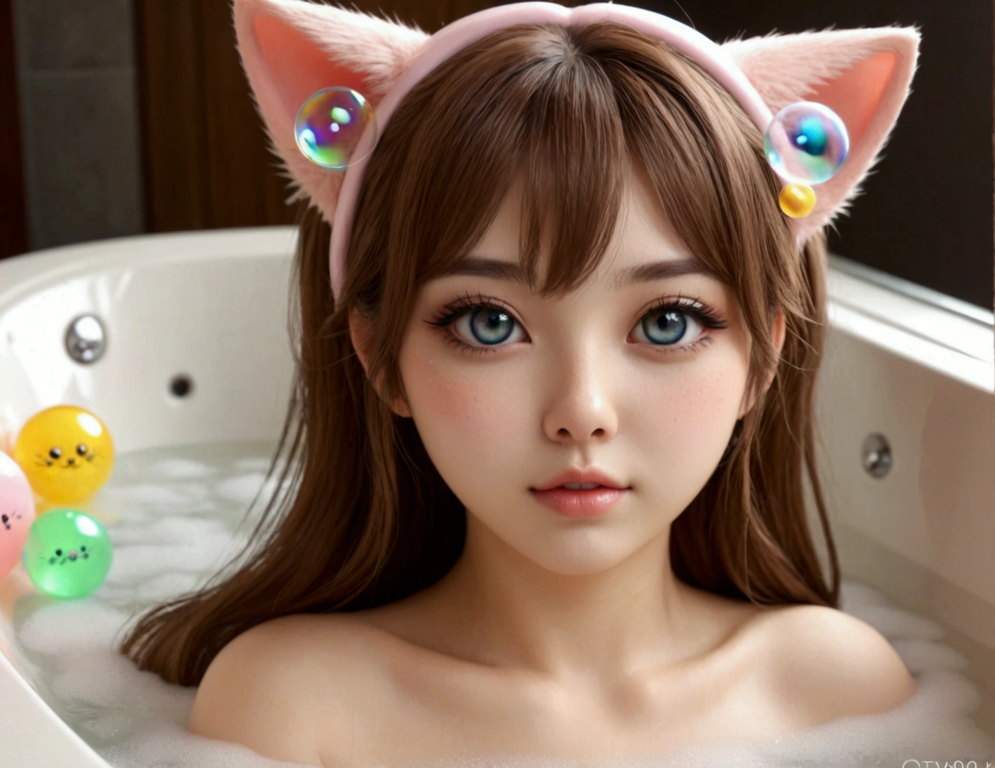 a cute 20 year old girl Xiaorou SeeU, adorable sexy cat girl, big beautiful eyes, naked, playing adorably with bubbles, enjoying a bubble bath, bathroom with bubble bath in tub, bubbles cover nsfw content, detailed face, extremely detailed eyes, beautiful detailed lips, long eyelashes, masterpiece, best quality, 8k, ultra-detailed, realistic, photorealistic, soft warm lighting, pastel colors, cat ears, kawaii, cute expression