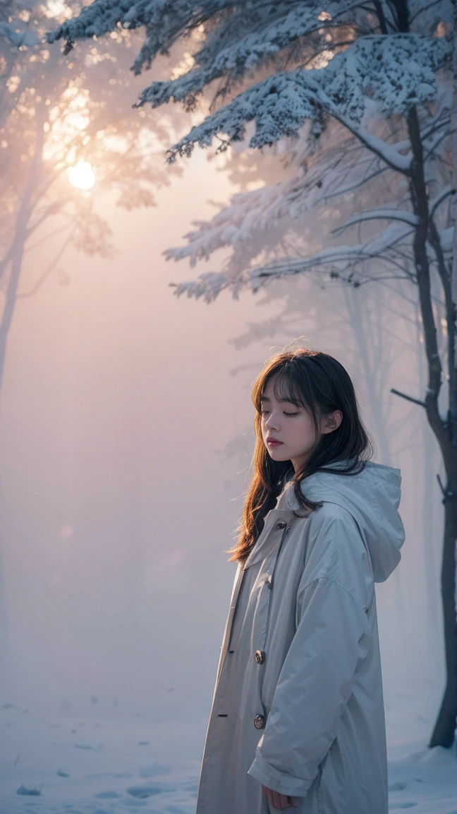 Realistic photos, ソニーA7IVで20mm GマスターレンズをF1の広い絞りに設定して撮Shadowしたシーン.5 Unforgettable beauty unfolds, superior 400, Professional Lighting, Bokeh, Depth of written boundary, Shadow, Bright light, granular, Very detailed, Bright high contrast light, sunset, Stunning Magical Night Colours, Thick Fog, Foggy, Dummy Color, White Forest Girl, snow, Peaceful and eerie, girl facing forward, Everything quickly fades into a white background, The atmosphere is quiet, calm and peaceful, deeply、Evoke emotions,Eyes open