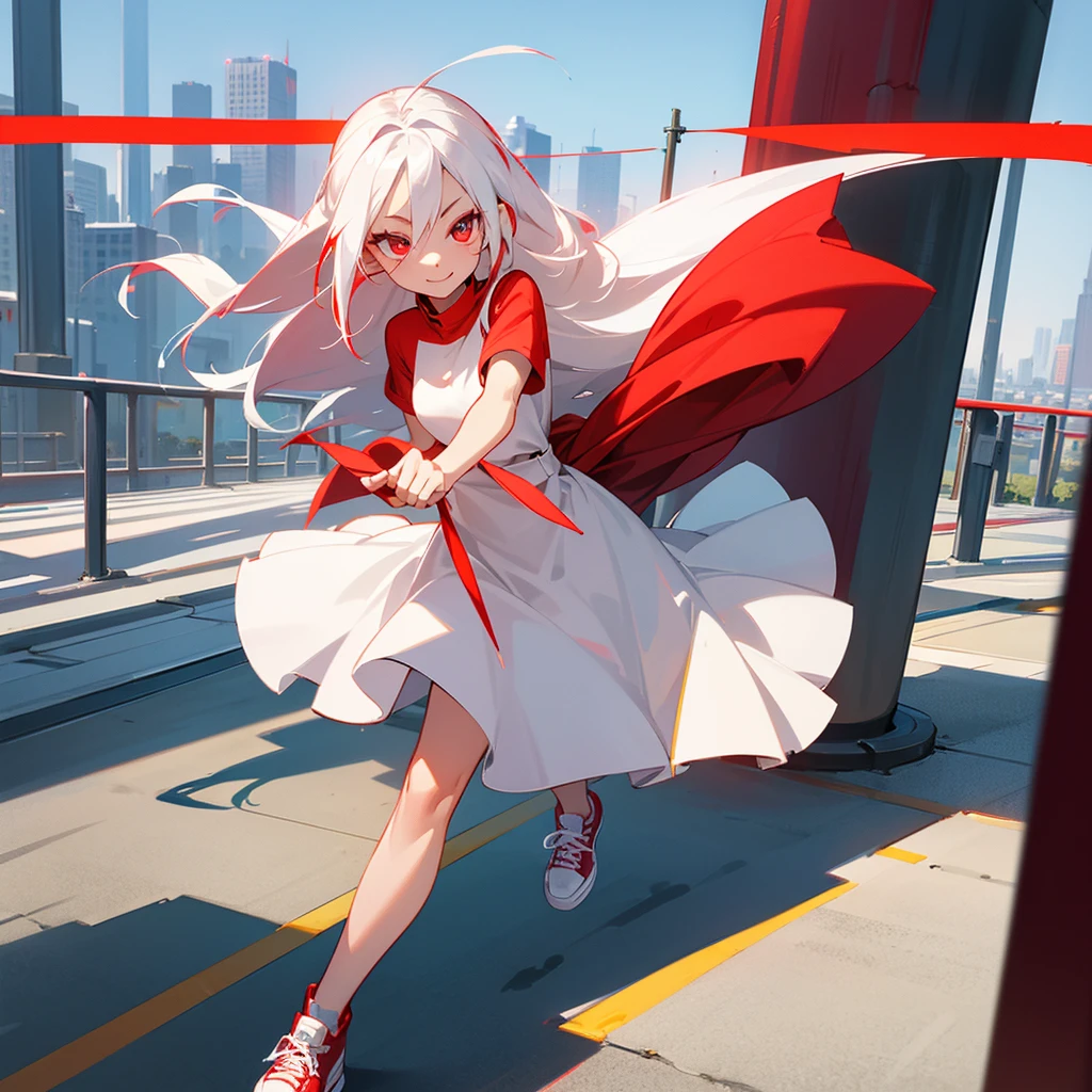 Screenshot of my hero academy , a young girl with white hair and a red streak and her eyes are red and her skin is light, She is wearing a red casual dress and red sneakers, in the background you can see a building or city , Whole body, with a smile and friendly