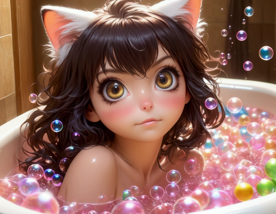 Xiaorou SeeU, age 20, in an adorable sexy cat girl, big eyes, naked, acting adorable playing with bubbles, she is enjoying a bubble bath, bathroom with bubble bath in tub, bubbles cover nsfw content
