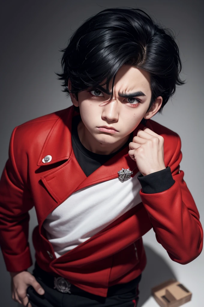 A cartoon boy with an angry face with black hair with a red patch a red coat