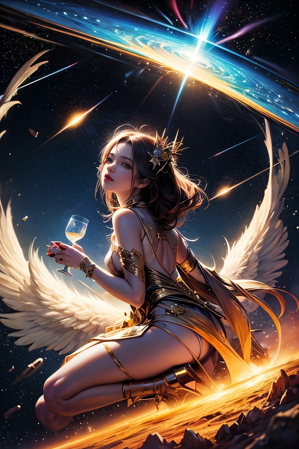 "((amazing)) da pintura ((girl)) In the heavenly garden, Sipping tea as the space train weaves through the constellations, Vivid galaxy background, Surreal atmosphere, ((Fantasy)) element, ((dream-like))