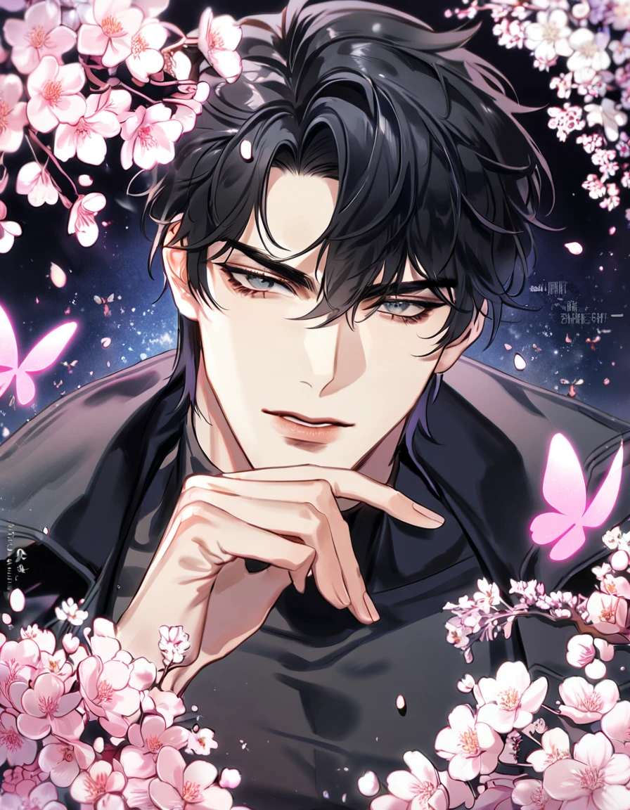 Ultra detailed, HDR, Highres, absurdres, master piece, Yoo Joonghyuk, black hair, expressive gray eyes, black coat, black tight turtleneck shirt, Omniscient Reader's viewpoint, sexy man, handsome, cherry, flowers, blossoms, fantasy, magical, pink leaves, sensual, best quality, glittering, pink butterflies, pink ice,