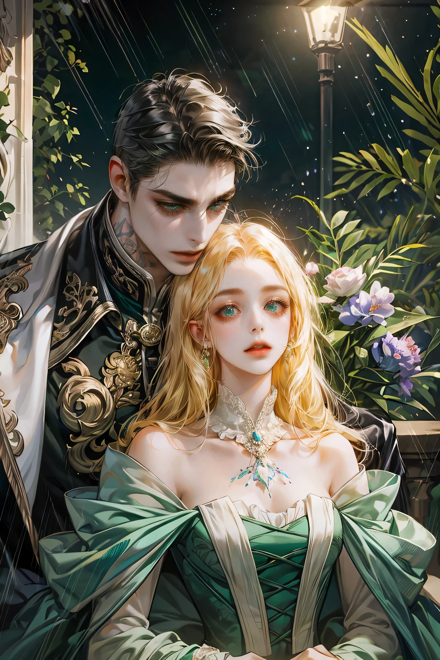 8k, complex, elegant, Very detailed, majestic, digital photography, surreal painting, defeat magic, night garden, blue tones,Winding lightning, (masterpiece, side light, fine and beautiful eyes: 1.2), HdR, (bright green eyes)), victorian dress, (bright tattoo), Chica elegant, cana, musculature, White skin, Raining, elegant, in front of the camera, masterpiece, different hair colors, black hair men, blonde hair women, noticeable height difference, slender girl, robust muscular boy 