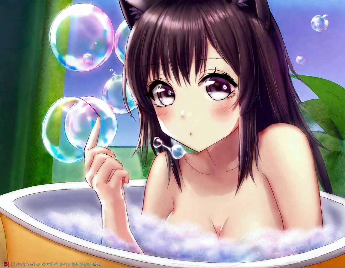 Xiaorou SeeU, age 20, in an adorable sexy cat girl, big eyes, naked, acting adorable playing with bubbles, she is enjoying a bubble bath, bathroom with bubble bath in tub, bubbles cover nsfw content