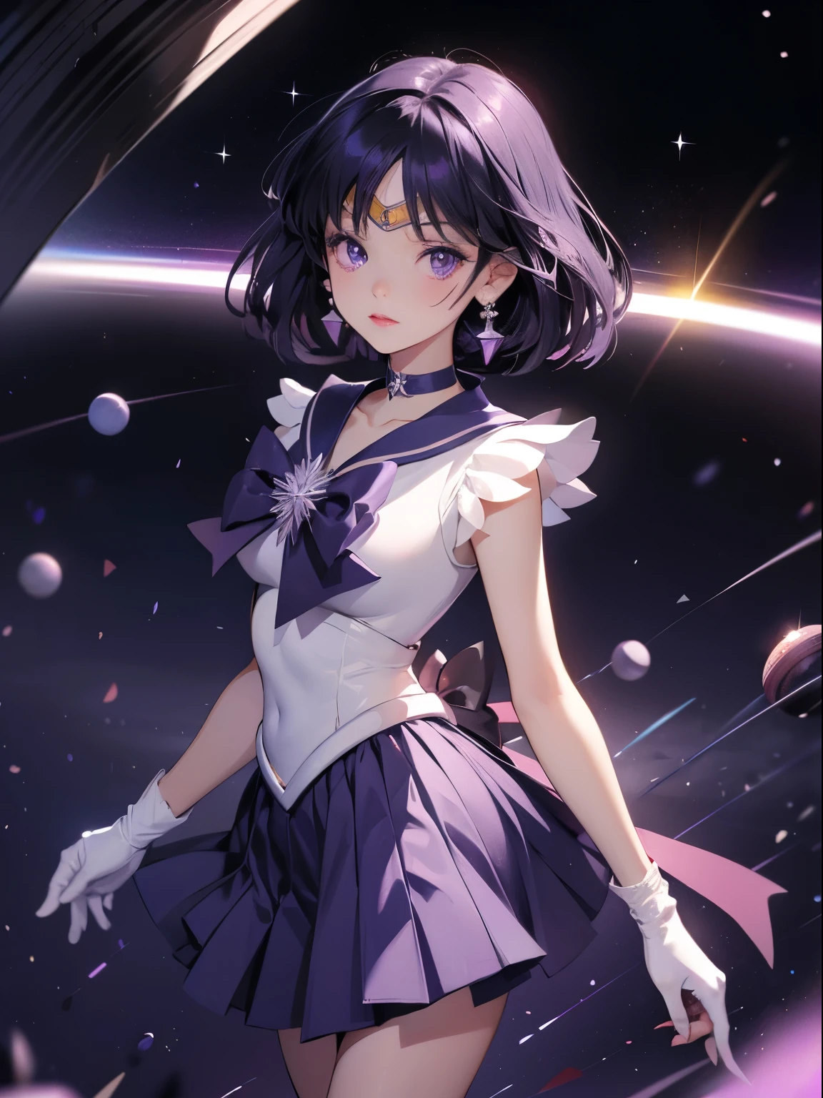 Sailor saturn, dark purple hair, tiara, sailor senshi uniform, bow, choker, earrings, white gloves, saturn planet, purple eyes, saturn deaths, teeth, angry eyebrows, dark purple skirt, looking at viewer, anime style, manga