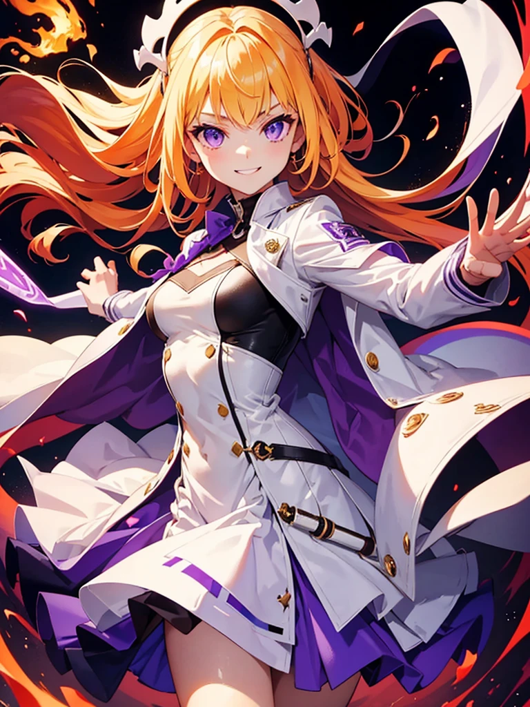 Highest quality,((Highest quality)),((Tabletop)),((Perfect Face)),1 girl.White and purple dress,White jacket,With a cane,Have a weapon,The flames flicker,Blonde,Purple eyes,smile,beauty,((Holographic))