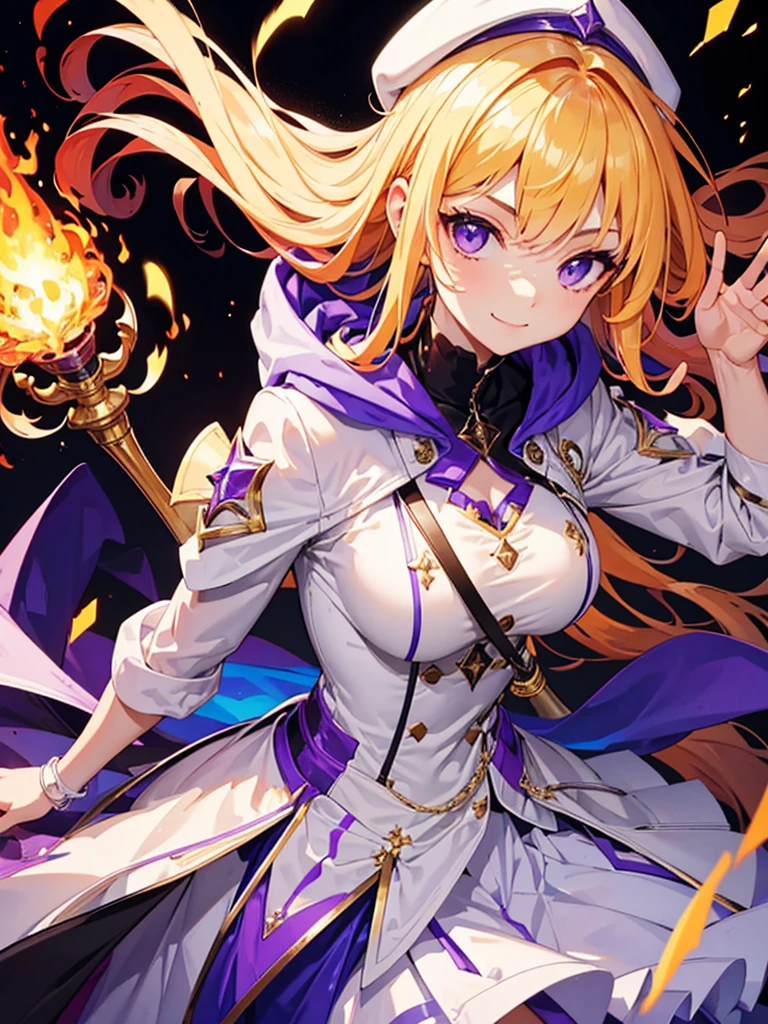 Highest quality,((Highest quality)),((Tabletop)),((Perfect Face)),1 girl.White and purple dress,White jacket,With a cane,Have a weapon,The flames flicker,Blonde,Purple eyes,smile,beauty,((Holographic))