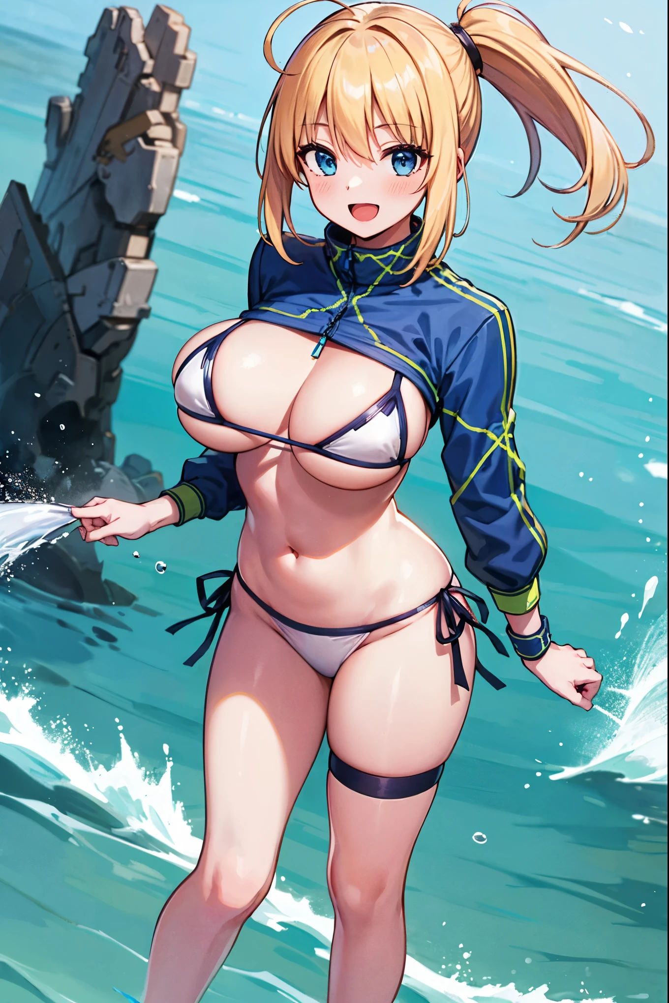 masterpiece,(ultra-detailed),1girl, mysterious heroine xx \(fate\), half_eyes,smile,open mouth, swimsuit, white bikini, side-tie bikini bottom, shrug \(clothing\), jacket, thigh strap, wristband, large_boobs, ocean_landscape, splashing,blonde_ponytail,open_legs,cap,happiness,,dynamic_standing,
