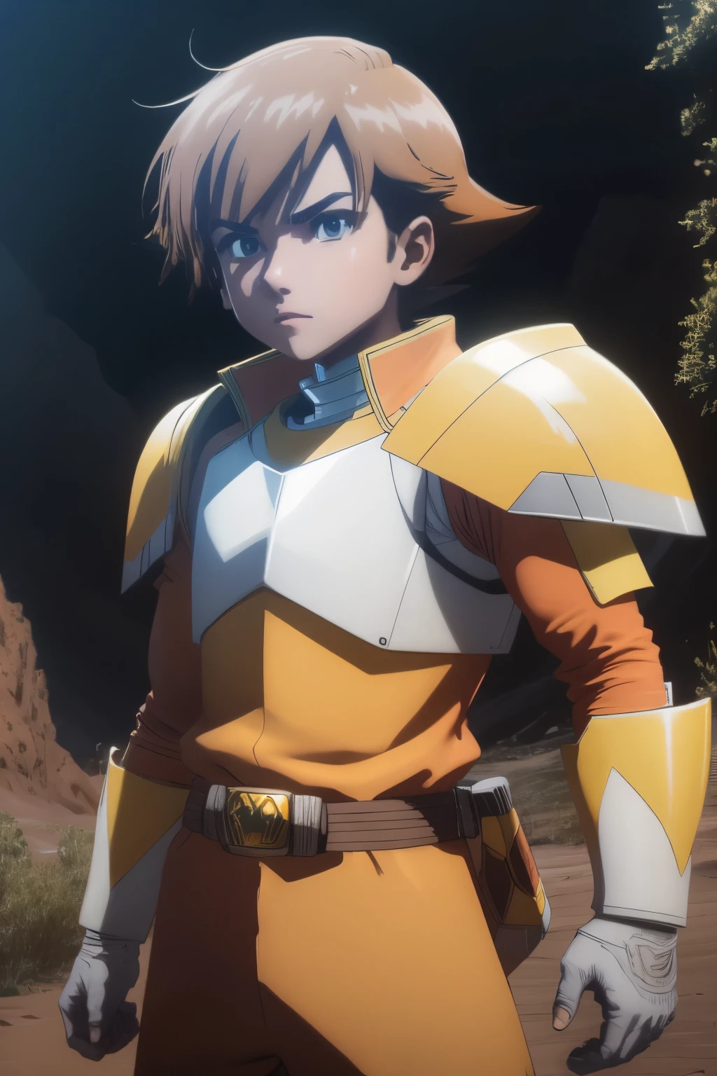 megzeromyth2023,1boy, short brown hair, yellow armor, orange energy sword, 8k, uhd, best quality, masterpiece, intricate,4k,8HD,dino armor,power ranger style,young boy,no helmet,not helmet