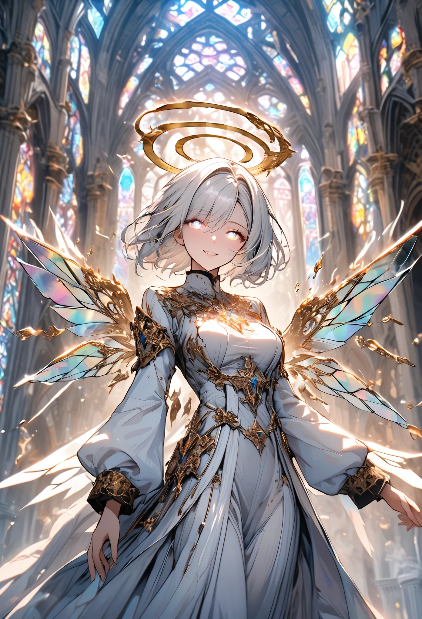 solo, female, cowboy shot, short hair, wind-swept hair, iridescent eyes, church, stained glass, huge wings, iridescent wings, modest breasts, angel, iridescent hair, wide smile, day, magic, gold, jewelry, holy aura, silver hair, floating, silver eyes, glowing eyes:0.5, silver wings, glowing wings, glowing hair, gold halo, glowing halo, halo, 