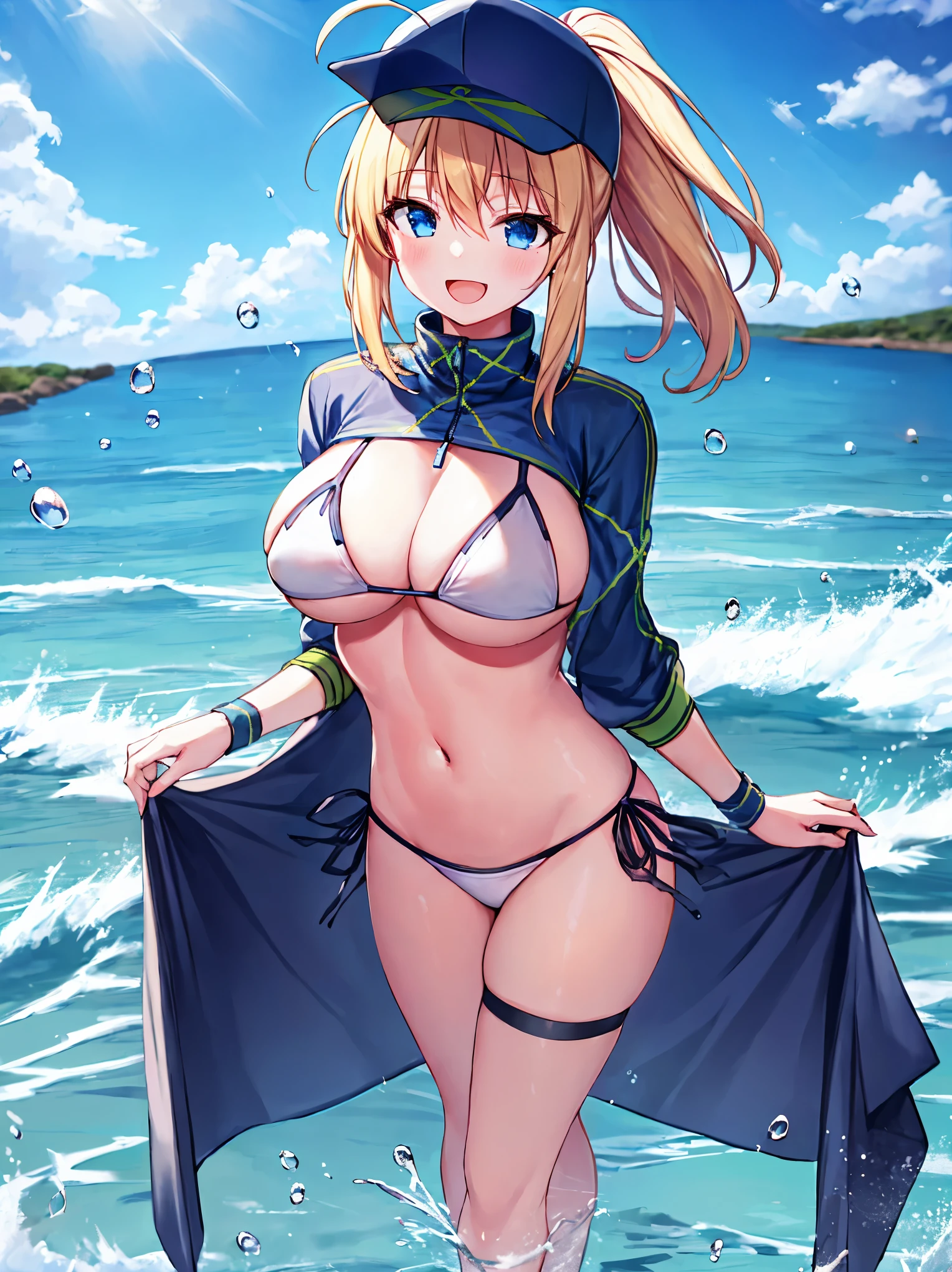 masterpiece,(ultra-detailed),1girl, mysterious heroine xx \(fate\), half_eyes,smile,open mouth, swimsuit, white bikini, side-tie bikini bottom, shrug \(clothing\), jacket, thigh strap, wristband, large_boobs, ocean_landscape, splashing,blonde_ponytail,open_legs,cap,happiness,,dynamic_standing,