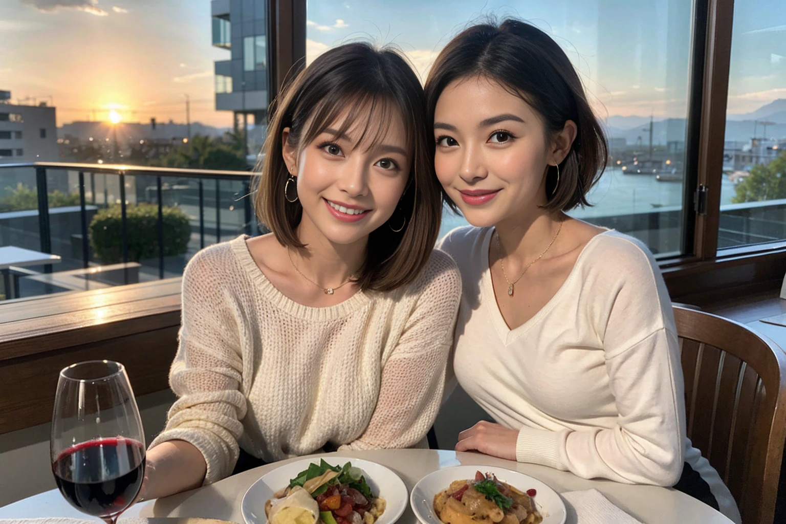 （Realistic:1.1）,(masterpiece,Highest quality)，8k,(49 years old), 53 years old, ベリーslimボディ、slimカップル、Tight waist,Upper Body,full-course dinner、wine 、Amazing view of the sunset sky and clouds、Perfect ???????, Brown Hair, short hair,Random Hairstyles,((Highly detailed face and eyes:1.2))，Perfect golden ratio face，Long sleeve shirt、dress,(smile:1.2)、Shortcuts、cute、(Realistic, Intricate details:1.2), A bright smile、short hair,Bright Face、赤wine 、Appetizers、Italian food、wine bottle、Champagne、スパークリングwine、(slimな顔), (The body is slim), (Brown Hair), (Shortcuts),  Upper Body, 白wine, slim, wineグラス, 