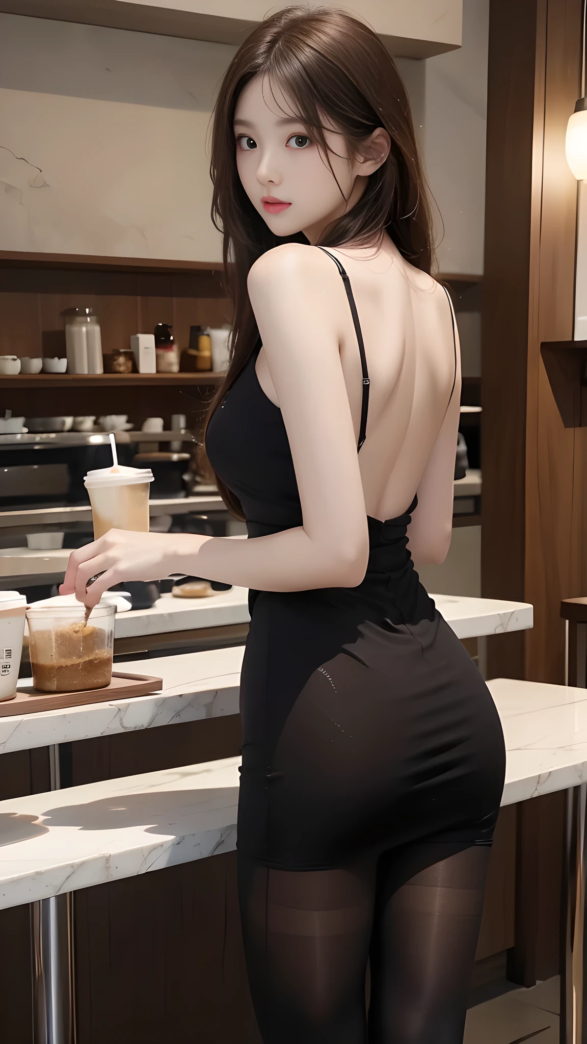 ulzzang-6500-v1.1, (RAW photo: 1.2), (Real photo), (Real photo: 1.4), 1 girl、Perfect anatomy、20 years old、Looking at the camera、((from back)), Medium length hair、long dress, drinking coffee, ((in a cafe: 1.1))、(Hyperrealistic tights: 1.2), (Business service)、Asian eyes Ella,