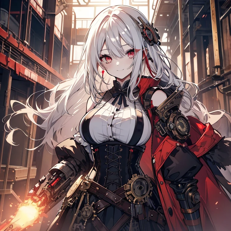 1 girl、Mature、Ample breasts、Long Hair、White Hair、Long Hair、Red Eyes、steampunk outfit、dress、黒いdress、Shoulder Bare、A seductive smile、corset、basement、Steampunk city、Broken glass、explosion、Chemical plant、mad scientist、cyborg、Prosthetic arm、Eye patch、Blood splatter、High resolution、Highest quality