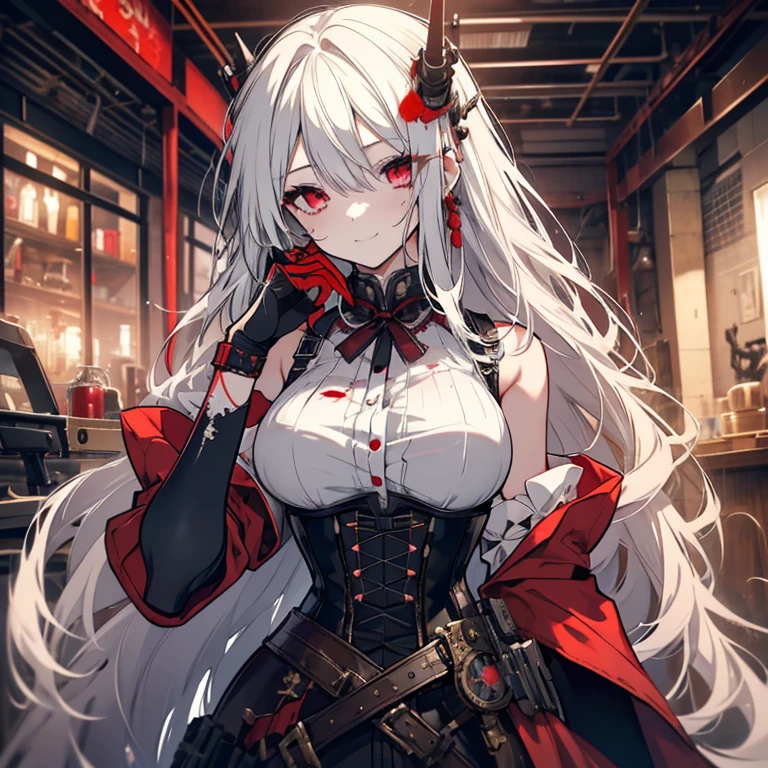 1 girl、Mature、Ample breasts、Long Hair、White Hair、Long Hair、Red Eyes、steampunk outfit、dress、黒いdress、Shoulder Bare、A seductive smile、corset、basement、Steampunk city、Broken glass、explosion、Chemical plant、mad scientist、cyborg、Prosthetic arm、Eye patch、Blood splatter、High resolution、Highest quality