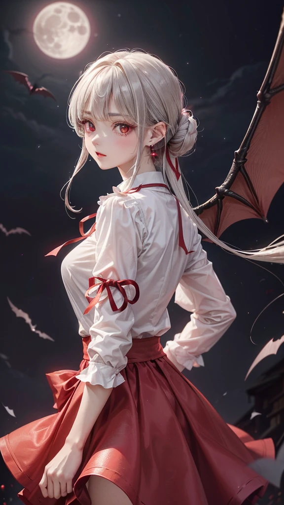(Highest quality,Very detailed,High resolution:1.2),One Girl,Gray Hair,The most beautiful girl in human history,((1 photo from the front))、暗い red eyes (暗いred eyes:1.1),さみし気なaura(aura:1.1),(mysterious,Ghostly:1.1) atmosphere,Looks like half a demon,(Demonic traits,Demonic traits),(Elaborate,wonderful) Earrings,Small Ass,Long and beautiful legs、Semi-long hair up to the shoulders, ((Upper Body Shot)),Medium sized big breasts、Clear Eyes、((Are standing))、My cheeks are a little red,((ribbon、shirt、Long skirt for uniform))、((Huge bat-like wings growing from his shoulders)),((A big full moon shines in the dark night sky))