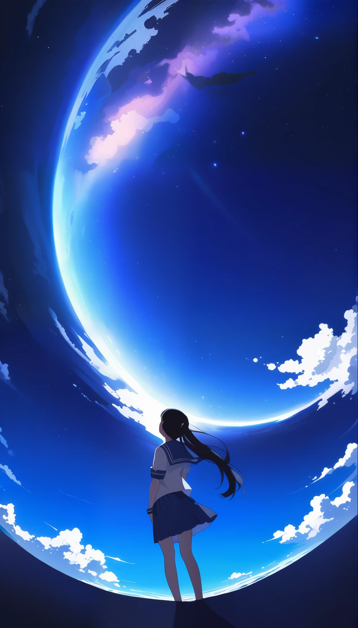 masterpiece, Highest quality,Ultra-detailed backgrounds、Sea and beach、Night Sky、star、cloud、赤いstarcloud、流れstar、One girl, Long Hair, Black Hair、ponytail、Back view、Sailor suit、Blue sailor collar、look up, Full body portrait、Wide angle、Zoomed out