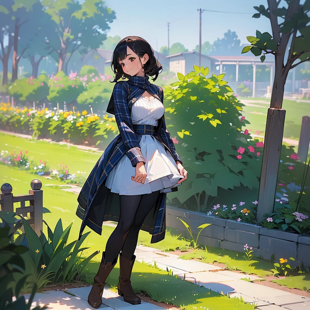 (high quality, High resolution, Super detailed, Realistic:1.37), Peaceful atmosphere, (Outdoor, garden),  girl standing alone, (my breasts are big.), Beautifully detailed features, Cute Smile, (Black bob hair), Ribbed sweater, Blue plaid skirt, black tights, Brown boots.