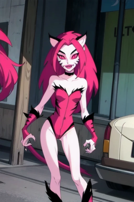 NyaNya,   1girl, solo, pink eyes, pink hair, pink skin, long hair, cat ears, pink sclera, cat tail, claws,  slit pupils, pink lips, whisker markings, pink bodysuit, fangs, bare shoulders, choker,pink bodysuit, tight leggings 