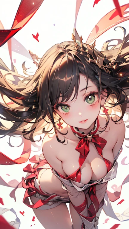(masterpiece:1.5), (ultra-detailed), 8K, (High resolution), (best quality), (High quality), (depth of field),
perfect anatomy,
1girl, (super beautiful and volutuous girl), cowboy shot, looking at viewer,
blush, smile, transparent blonde hair, wavy hair, very long hair, green eyes, (large breast), (Beautiful Face), (looking at viewer),
(upside- down),(from diagonally above), pale red lip, fuller lips, glossy lips,
(naked_ribbon, (wrapping body up in a lots of long ribbons , wraped ribbons around arms, ribbons around bast, ribbons around body, ribbons around stomach, ribbons around waist, ribbons around thighs)),
(light smile),
(fancy atmosphere:1.3), (light particles:1.6),