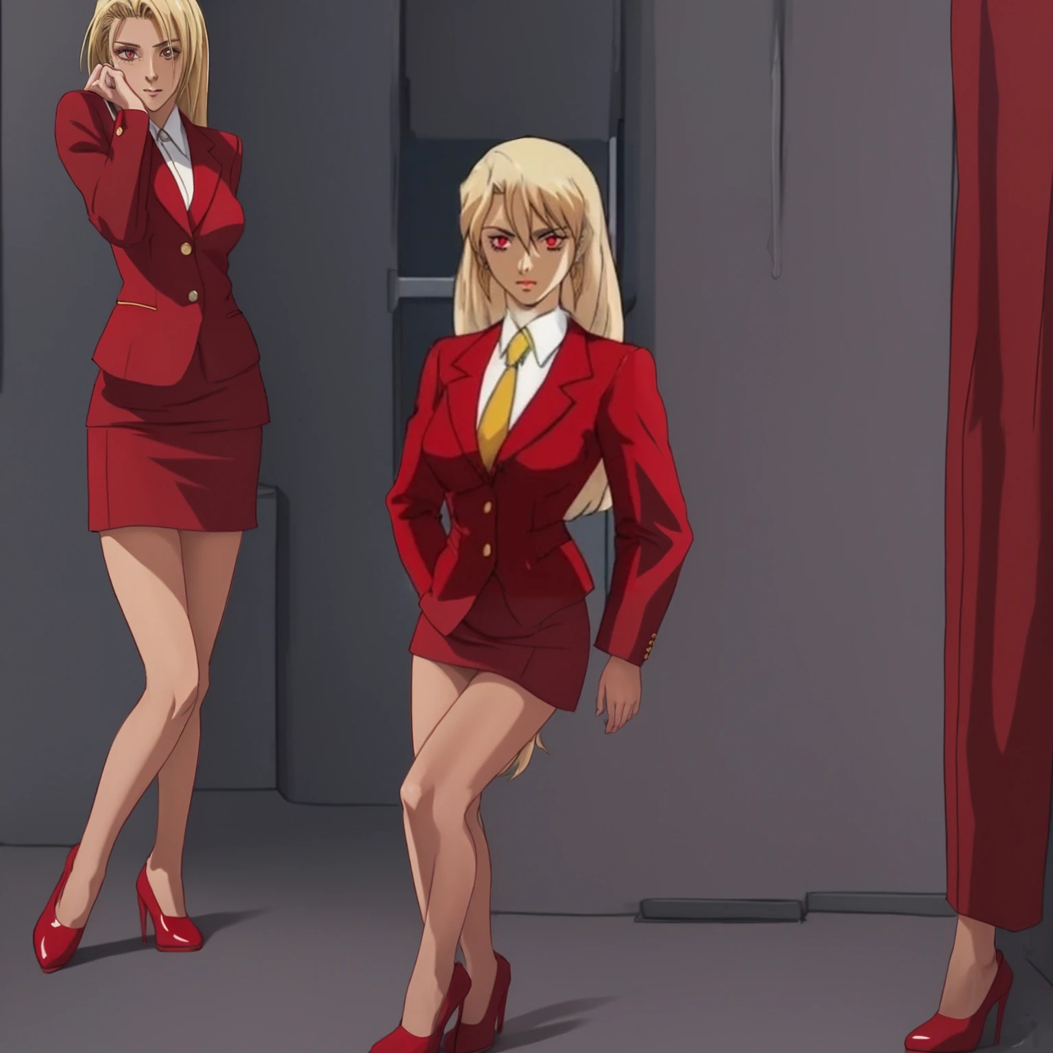 EVIL BLONDE BUSINESS WOMAN WEARING A BLOUSE WITH A RED SKIRT SUIT 90s ANIME ARTSTYLE WITH RED HEELS FULL BODY WEARING A SLIGHTLY LONG RED PENCIL SKIRT