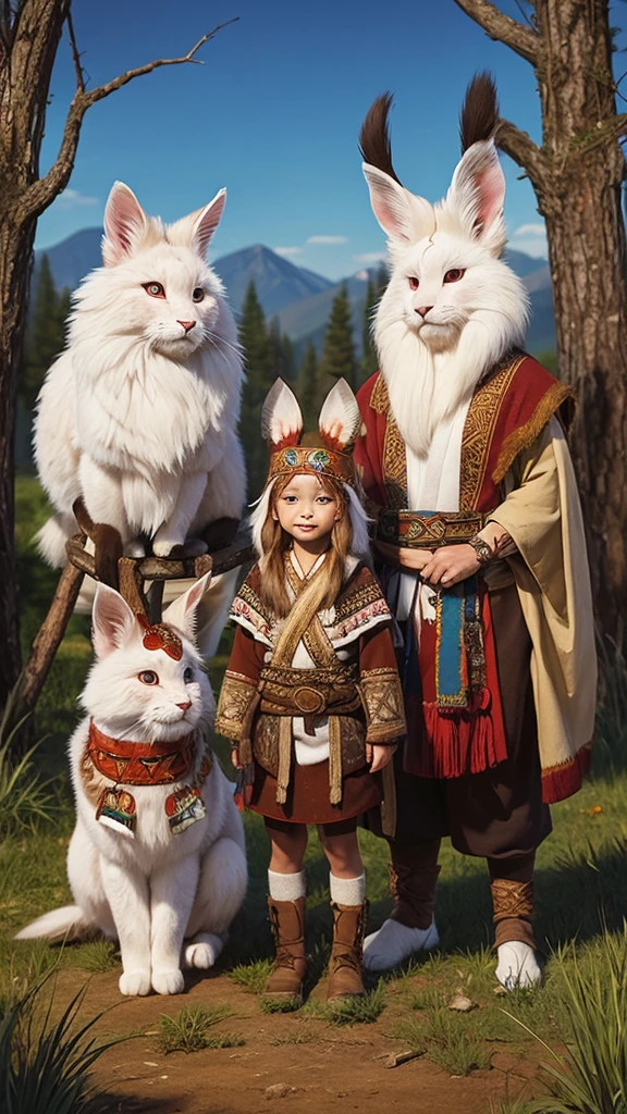 An illustration of the Zangora tribe members wearing traditional hunting attire. Include a symbolic emblem or crest to represent the fictional tribe.
